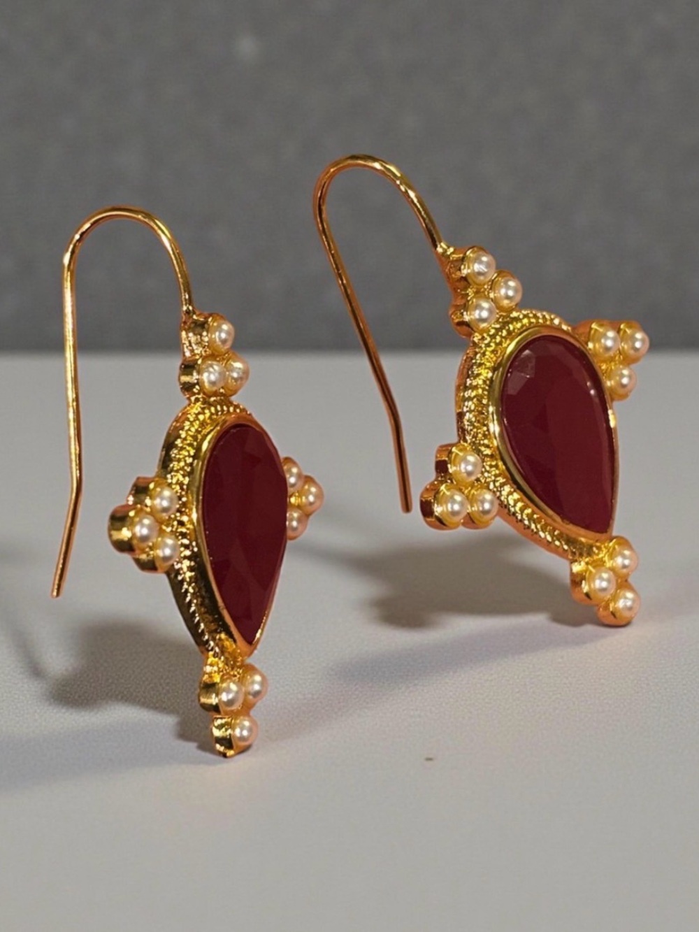 Gold-Plated Red Teardrop Earrings with Pearl Accents